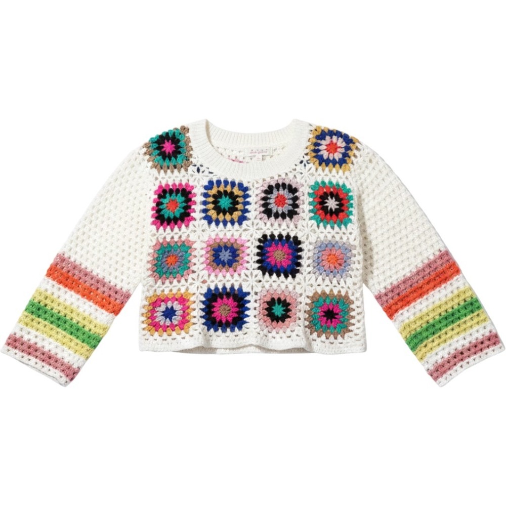 Sweet Generis Crochet Sweater M White Granny Square Bell Sleeve Boho Kidcore